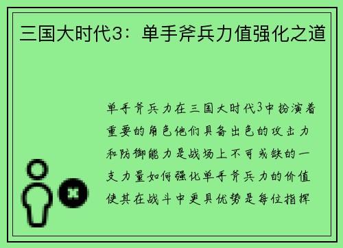 三国大时代3：单手斧兵力值强化之道