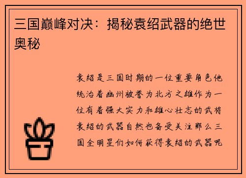 三国巅峰对决：揭秘袁绍武器的绝世奥秘