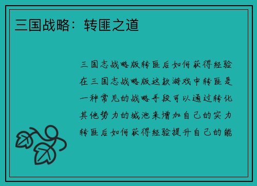 三国战略：转匪之道