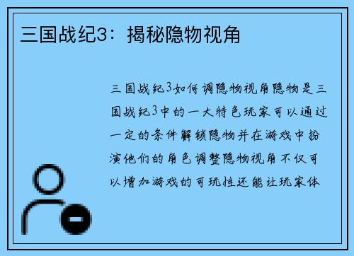 三国战纪3：揭秘隐物视角